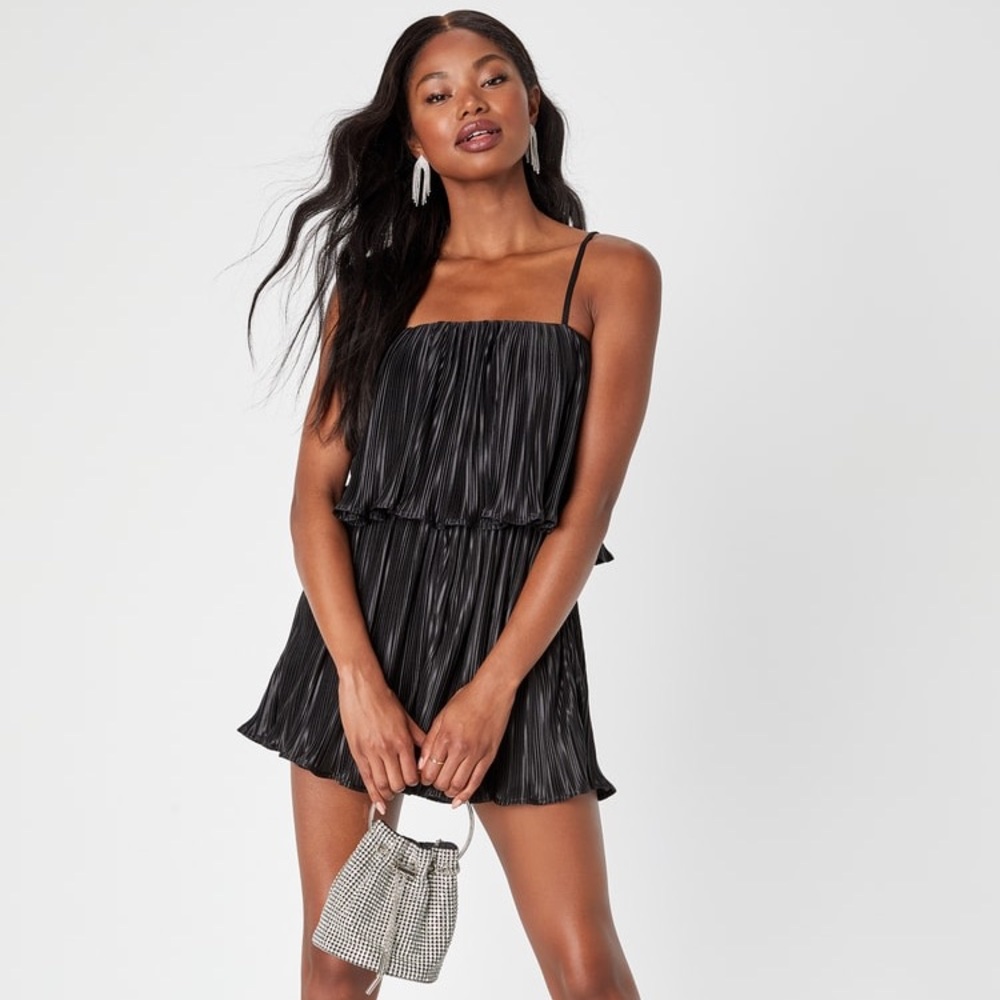 Black Satin Plisse Sleeveless Romper - NWT